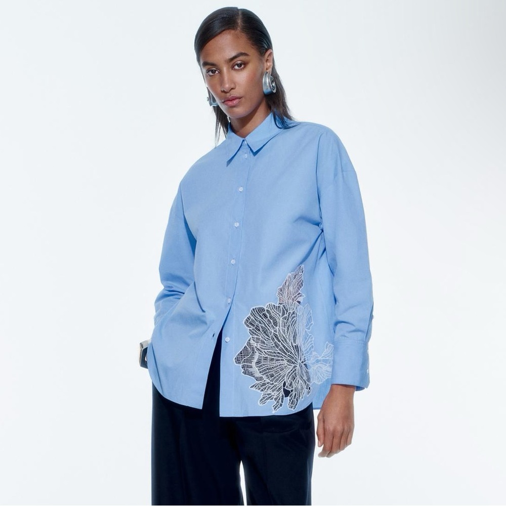 Zara embroidered flower poplin shirt